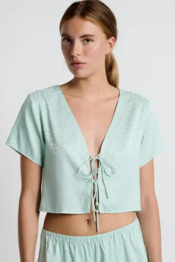 Best ETAM Blusa satinada de manga corta estampada con lazos CELADÓN