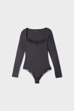 Discount ETAM Body de manga larga de microfibra y encaje NEGRO
