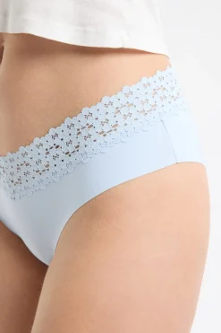 Discount ETAM Braga brasileña de cintura baja en forma de V de microfibra y encaje AZUL LAGUNA