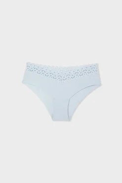 Discount ETAM Braga brasileña de cintura baja en forma de V de microfibra y encaje AZUL LAGUNA