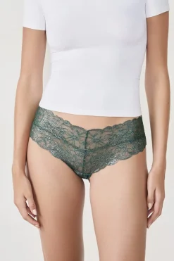Sale ETAM Braguita brasileña en V de encaje tejido brillante VERDE ABETO