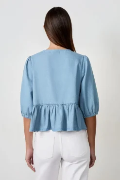 Discount ETAM Camisa anudada en el frente efecto denim AZUL