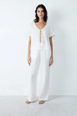 ETAM Camisa de manga corta de algodón con lazos BLANCO