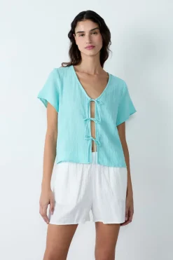 Clearance ETAM Camisa de manga corta de algodón con lazos AN&Iacute;S ABSENTA
