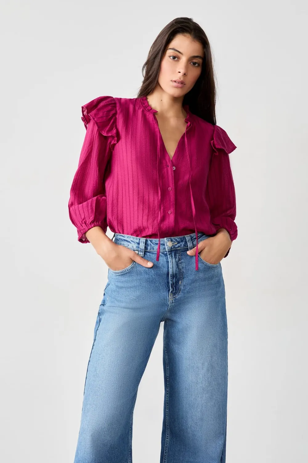 Sale ETAM Camisa de manga larga con volantes MORADO