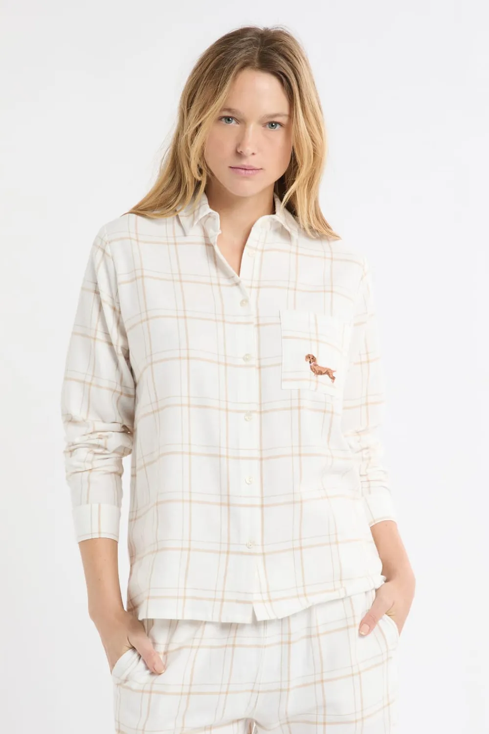 Best ETAM Camisa de pijama a cuadros con estampado de perros en algodón BEIGE