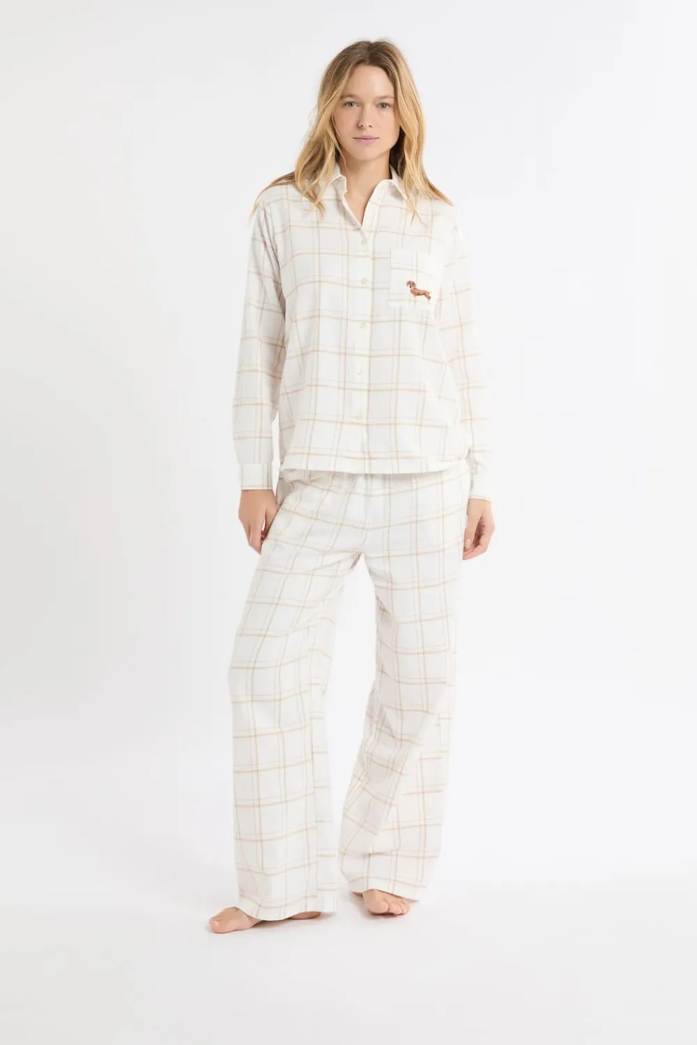 Best ETAM Camisa de pijama a cuadros con estampado de perros en algodón BEIGE