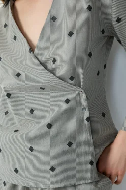 Discount ETAM Camisa de pijama bordada a rayas de algodón KAKI