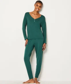 Outlet ETAM Camisa de pijama de manga larga abotonada de modal VERDE ABETO