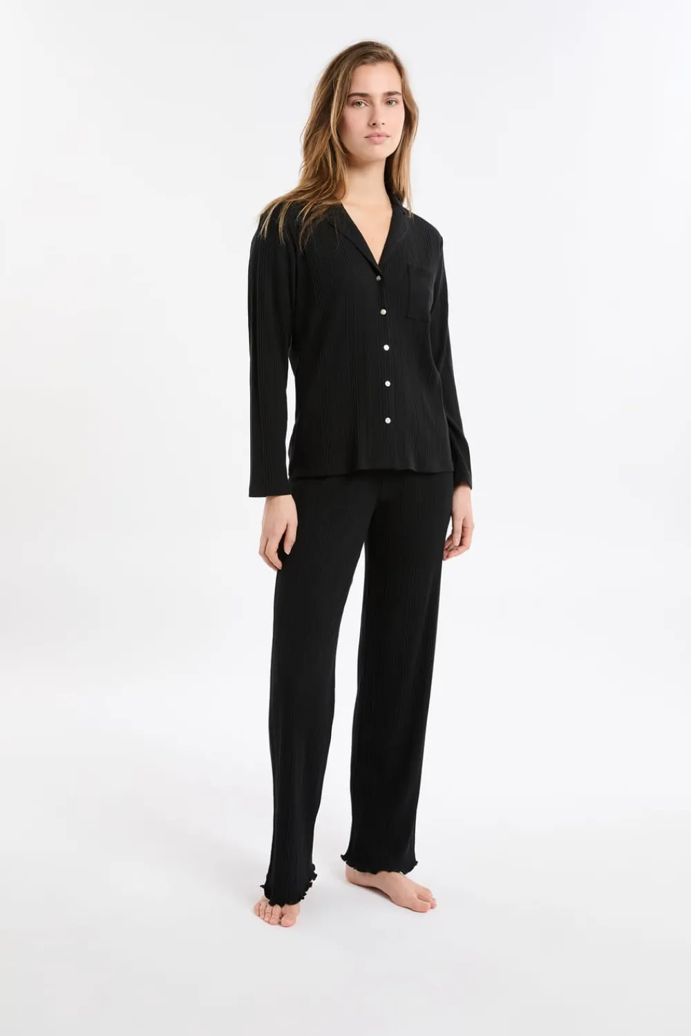 New ETAM Camisa de pijama Richelieu de punto elástico NEGRO