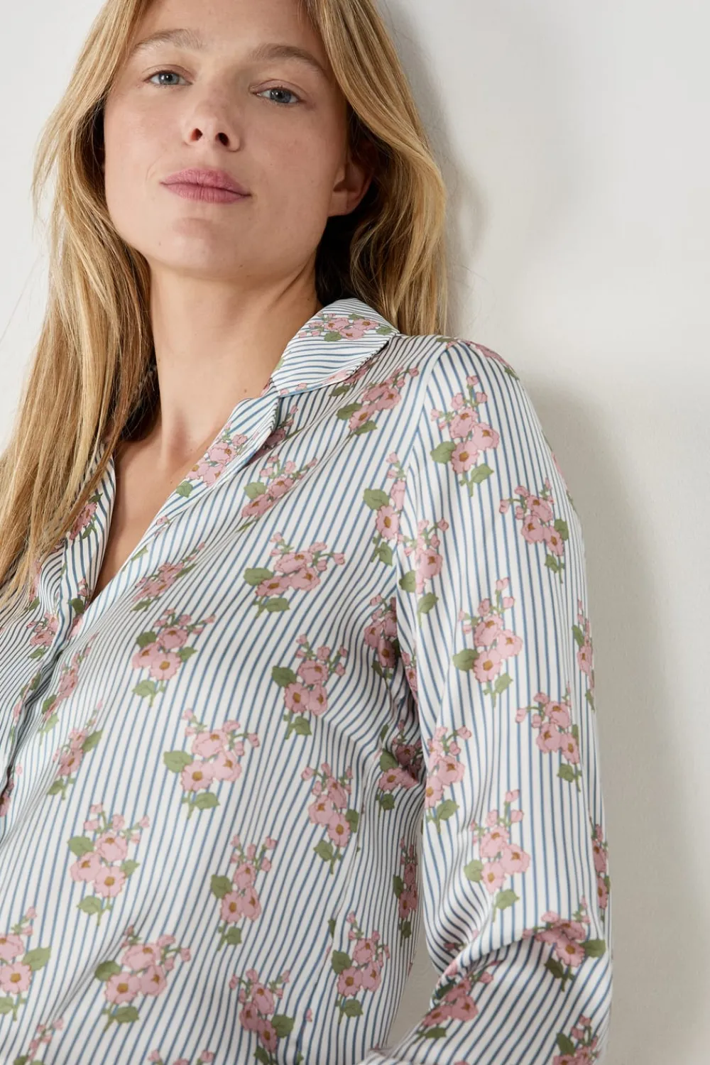 New ETAM Camisa de pijama satinada con estampado floral IMP FD BLANCO