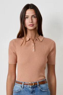 Hot ETAM Camiseta acanalada de manga corta con cuello abotonado BEIGE