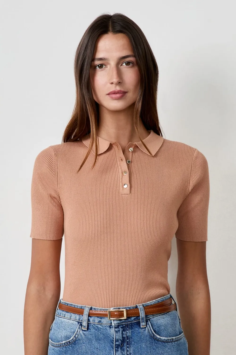 Hot ETAM Camiseta acanalada de manga corta con cuello abotonado BEIGE