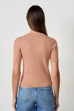Hot ETAM Camiseta acanalada de manga corta con cuello abotonado BEIGE