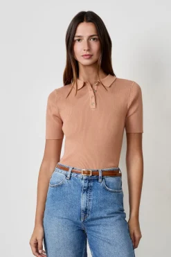 Hot ETAM Camiseta acanalada de manga corta con cuello abotonado BEIGE