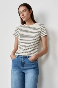 Outlet ETAM Camiseta de algodón a rayas de manga corta BLANCO