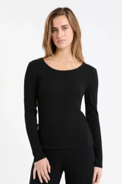New ETAM Camiseta de algodón de canalé de manga larga NEGRO