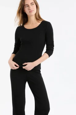New ETAM Camiseta de algodón de canalé de manga larga NEGRO