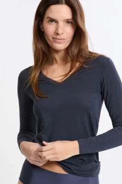 Clearance ETAM Camiseta de cuello en V de punto térmico AZUL NOCHE