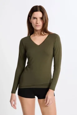 Discount ETAM Camiseta de cuello en V de punto térmico CAQUI