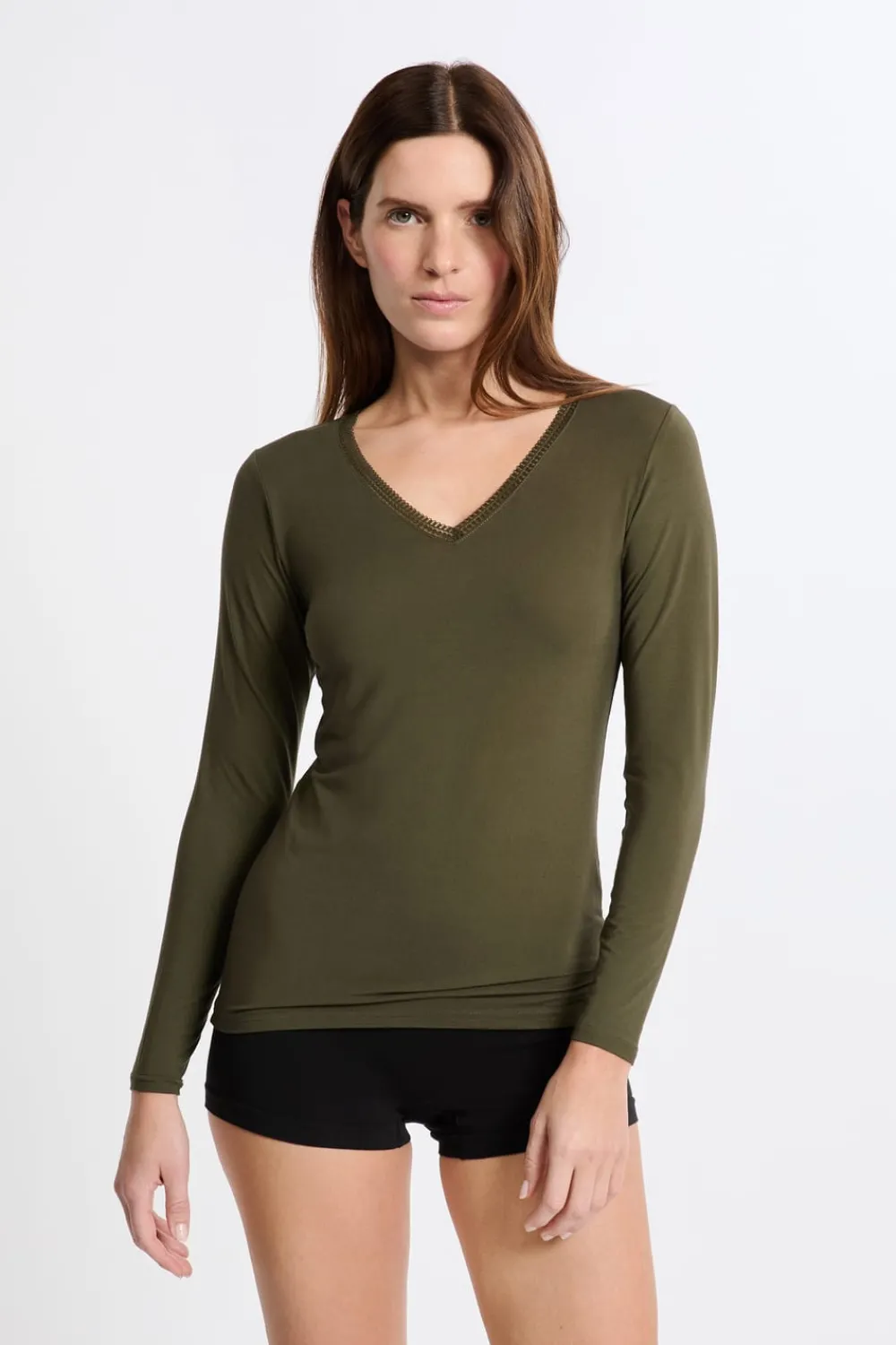 Discount ETAM Camiseta de cuello en V de punto térmico CAQUI