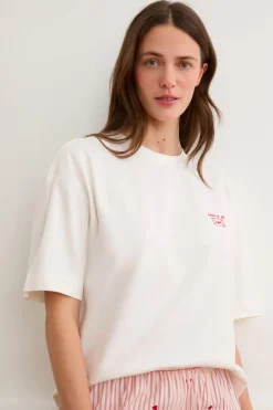 Hot ETAM Camiseta de manga corta con la inscripción «love is all» de algodón BLANCO