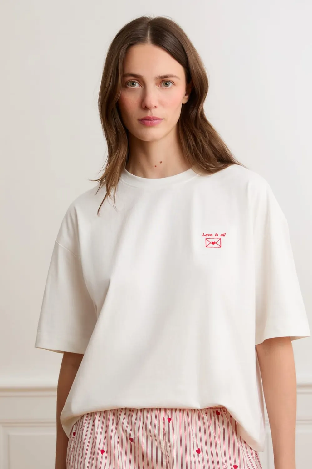 Hot ETAM Camiseta de manga corta con la inscripción «love is all» de algodón BLANCO