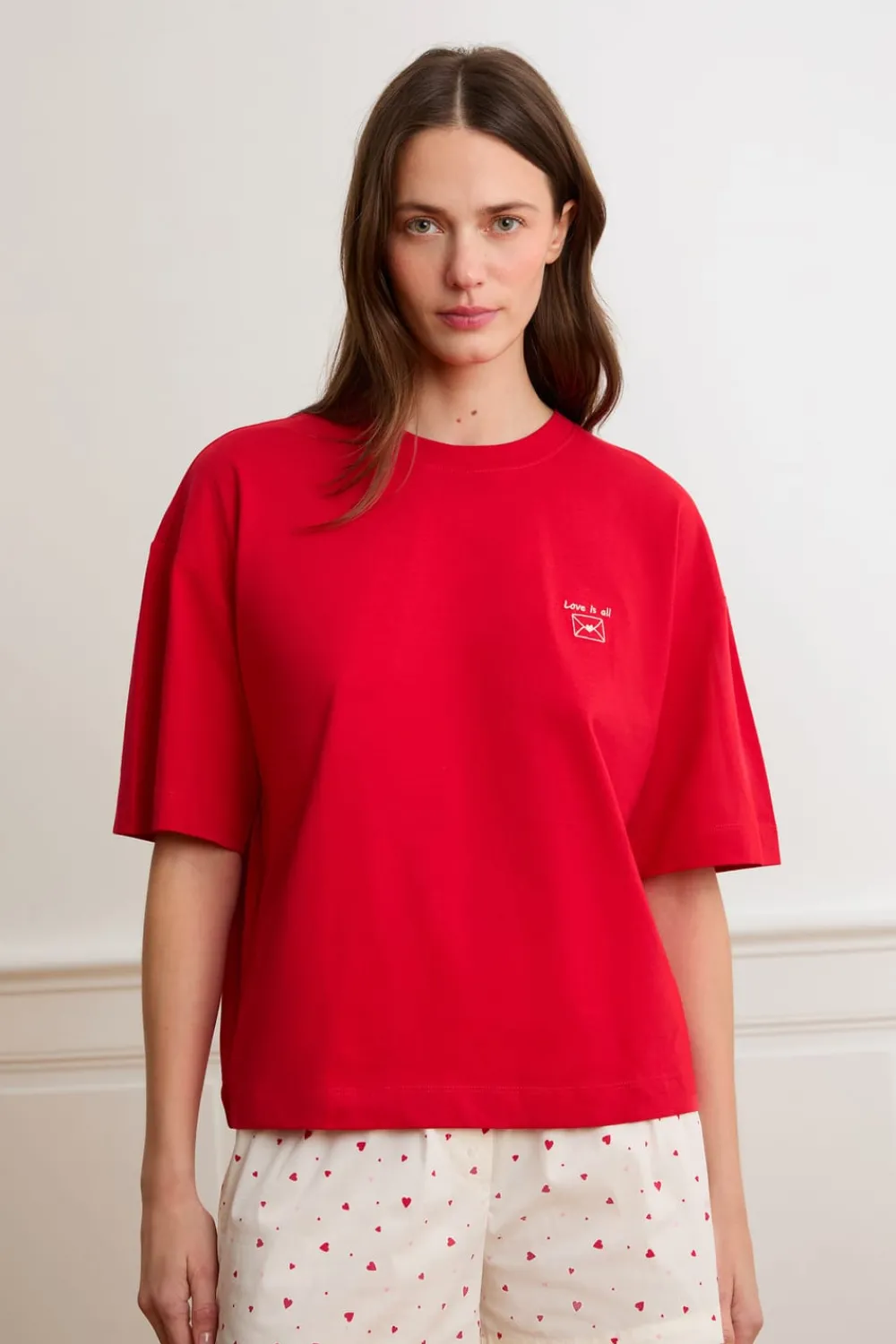 Hot ETAM Camiseta de manga corta con la inscripción «love is all» de algodón ROJO