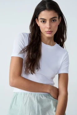 Sale ETAM Camiseta de manga corta de algodón acanalado BLANCO