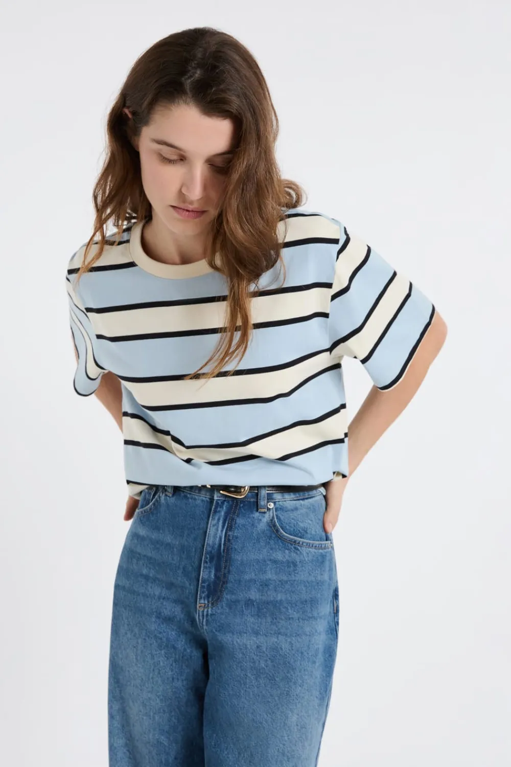 Sale ETAM Camiseta de manga corta de algodón a rayas AZUL