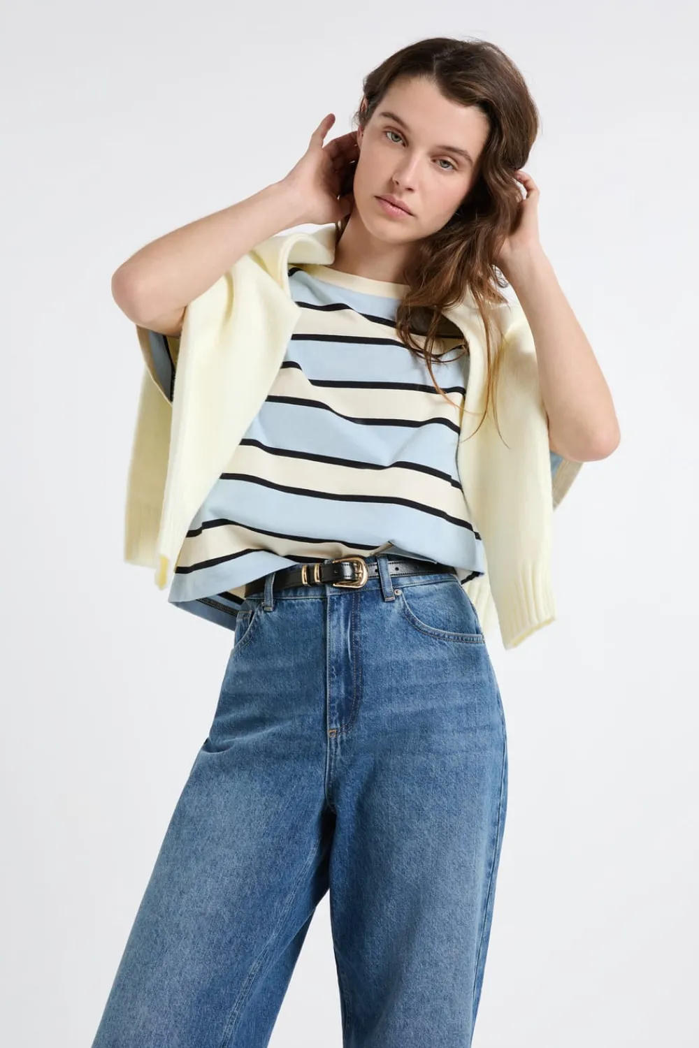 Sale ETAM Camiseta de manga corta de algodón a rayas AZUL