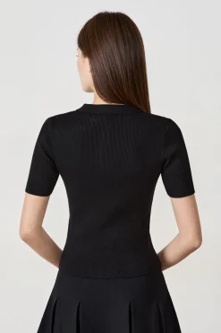 Best ETAM camiseta de manga corta de canalé con cuello abotonado NEGRO