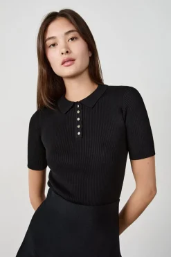 Best ETAM camiseta de manga corta de canalé con cuello abotonado NEGRO