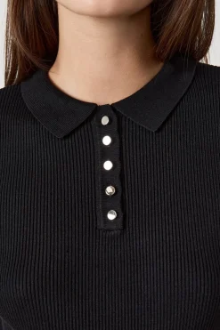 Best ETAM camiseta de manga corta de canalé con cuello abotonado NEGRO