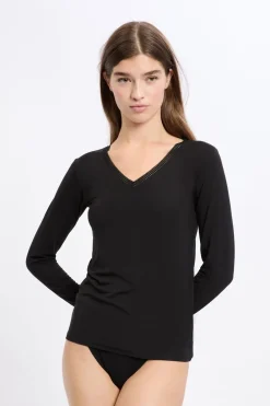 Online ETAM Camiseta de manga larga con cuello en V de tejido térmico NEGRO