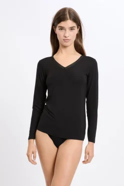 Online ETAM Camiseta de manga larga con cuello en V de tejido térmico NEGRO