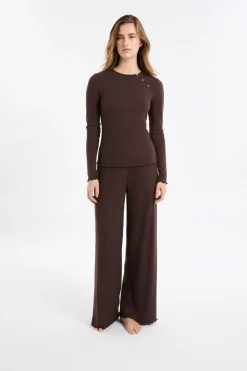 Discount ETAM Camiseta de pijama acanalada con botones CHOCOLATE