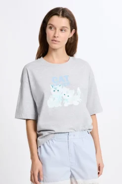 Best ETAM Camiseta de pijama de algodón con estampado de gatos GRIS