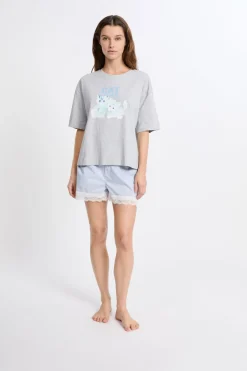 Best ETAM Camiseta de pijama de algodón con estampado de gatos GRIS