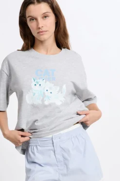 Best ETAM Camiseta de pijama de algodón con estampado de gatos GRIS