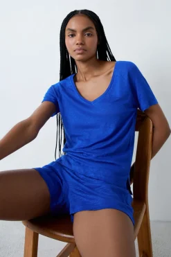 Best ETAM Camiseta de pijama de manga corta de lino AZUL REAL