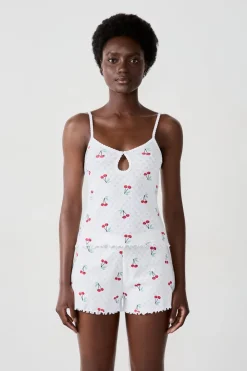 New ETAM Camiseta de tirantes de algodón con estampado de cerezas BLANCO