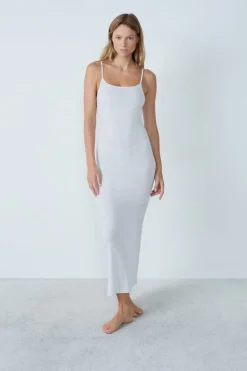 Sale ETAM Camisón largo de algodón acanalado con tirantes finos GRIS