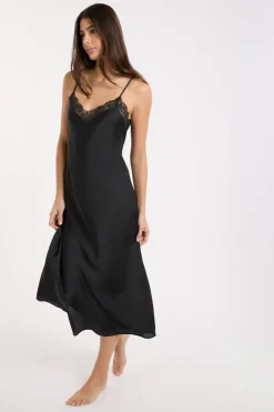 Discount ETAM Camisón satinado con detalles de encaje NEGRO