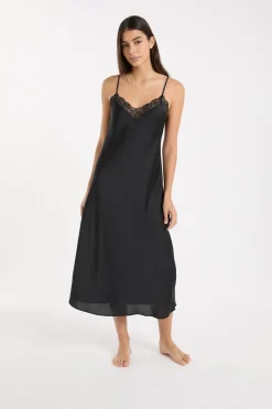 Discount ETAM Camisón satinado con detalles de encaje NEGRO
