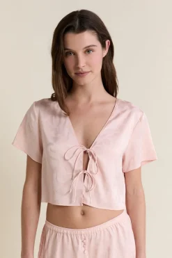 Clearance ETAM Chemise de pyjama satinée avec noeuds IMP FOND ROSE
