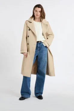 ETAM Gabardina larga con cinturón y algodón BEIGE