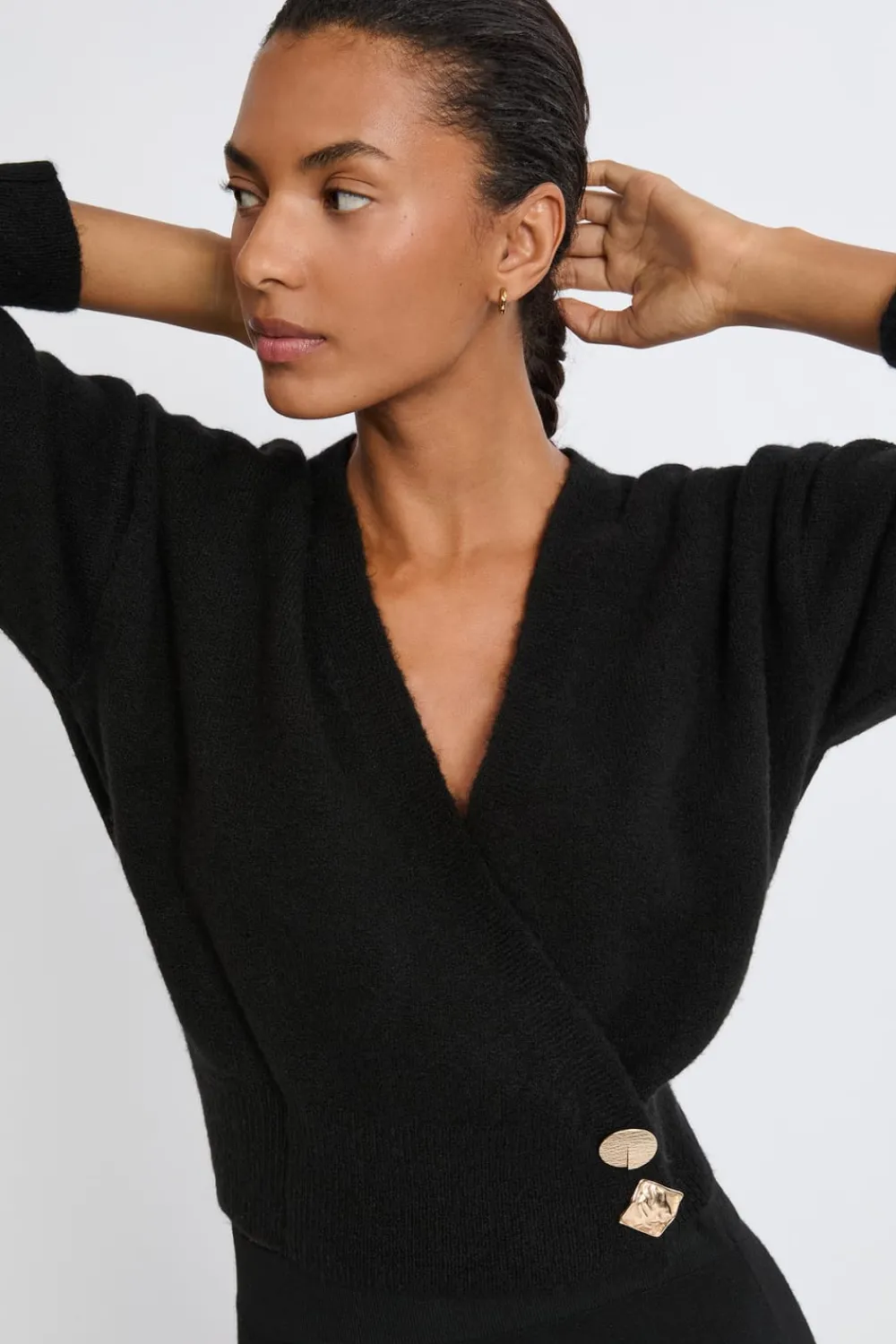 Best ETAM Jersey con cuello en V y botones dorados NEGRO