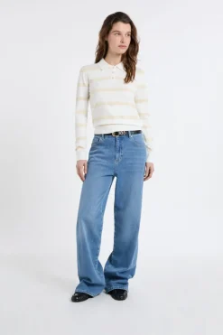 Discount ETAM Jersey de cuello polo de manga larga a rayas crudo