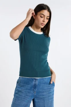 Hot ETAM Jersey de cuello redondo de punto fino VERDE PATO